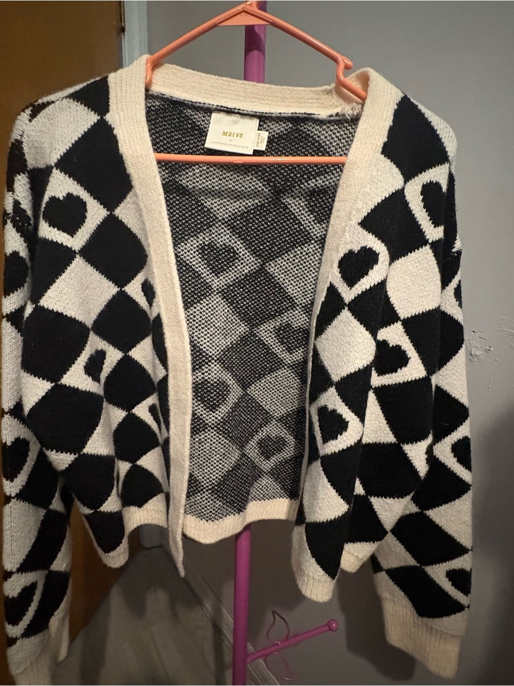 Maeve by Anthropologie Black & Cream Geometric Heart Open Cardigan